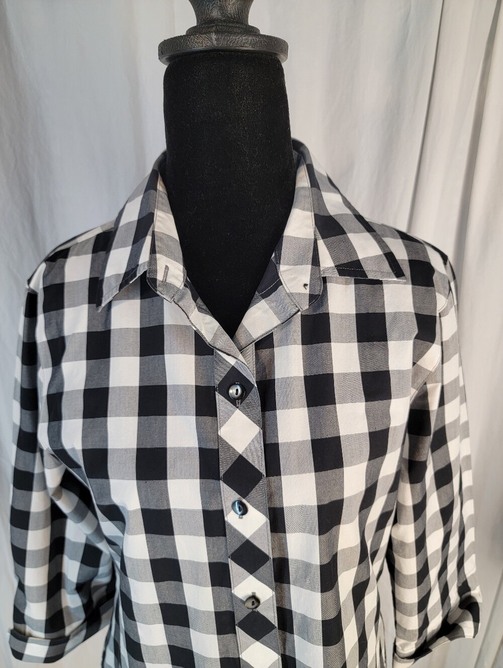 Black & White Buffalo Check Button-Up Blouse 3/4 Sleeve